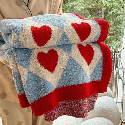 A类母人婴FVZ情软节撞色爱心毛毯ins风可爱半边毯子沙发绒毯超柔