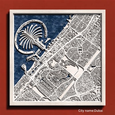 3D木质城市地图木制木雕客厅装饰墙画摆挂图件壁画手工艺品迪拜定