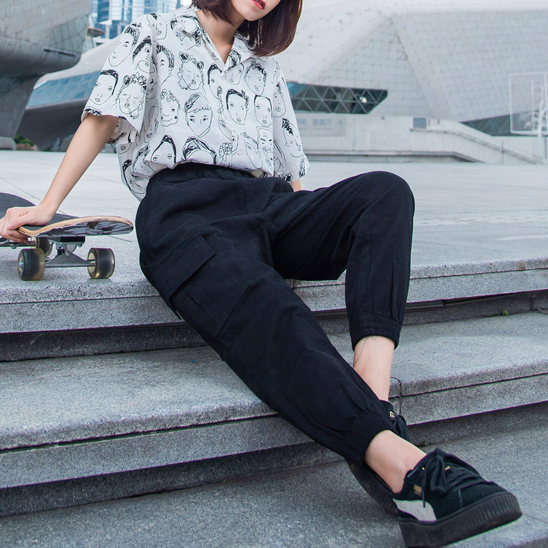 卡其色裤子女春秋工装裤夏季薄款小个子大码束脚休闲胖mm九分哈伦