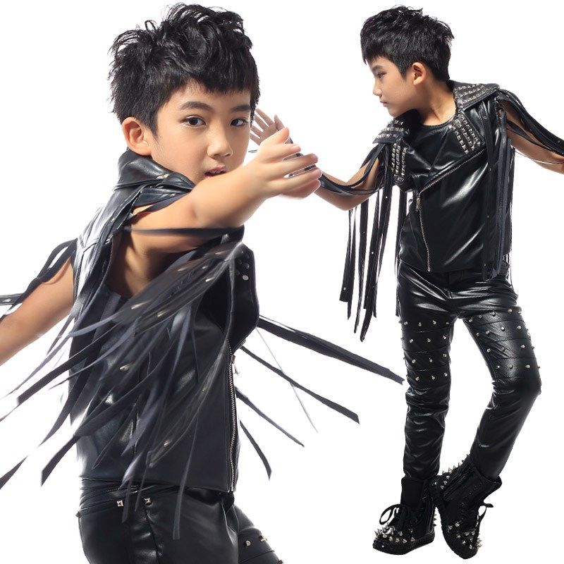 流苏修身卯钉铆钉皮马甲男童大童儿童舞台表演演出服街舞舞蹈服装