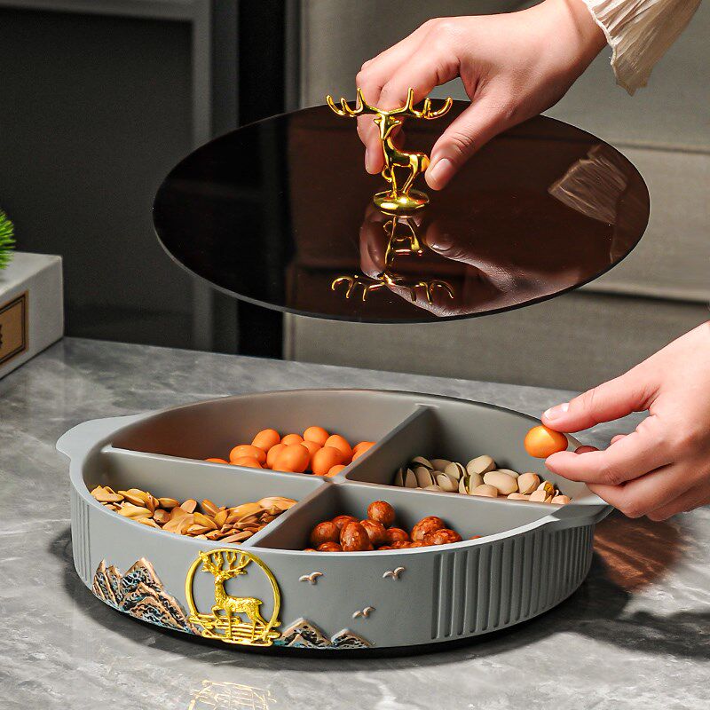 新中式高档分格盘干果盘家用酒店客厅待客区糖果盘坚果零食收纳盒