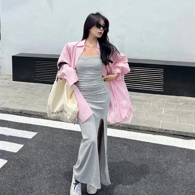 韩国气质收腰黑色A字连衣裙套装 长款开叉吊带裙防晒衫外搭两件套