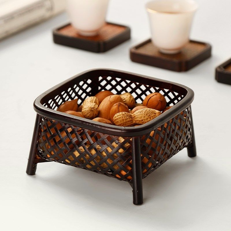 中式复古竹编大漆高脚水果篮家用茶点盘零食点心竹篓收纳盒水果篮,特色手工艺,竹编/竹雕,淘宝优惠券,粉丝福利购,淘宝优惠卷