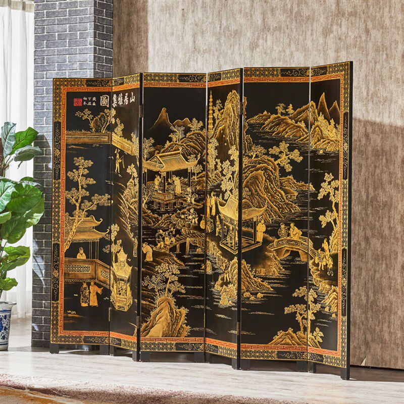 蘭典古典描金手工中式酒店餐厅茶楼实木屏风隔断背景玄关人物山水