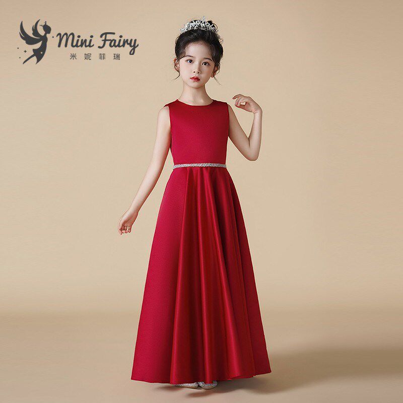 女童钢琴演出服儿童艺考小提琴比赛表演服红色气质长裙生日晚礼服