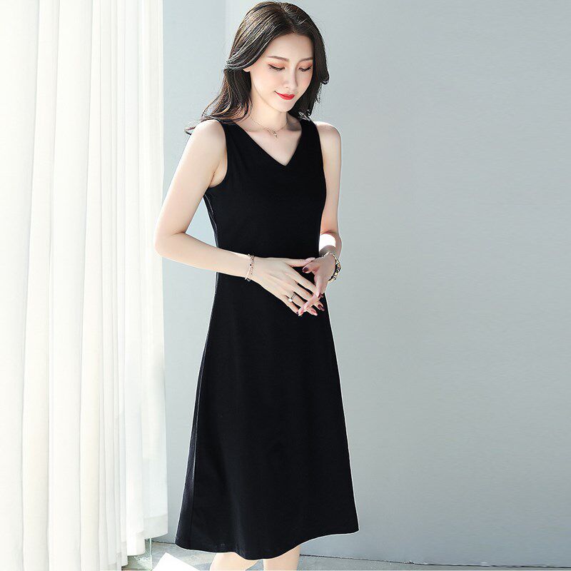 黑色打底连衣裙女春秋季2024新款无袖显瘦背心内搭吊带长款裙子