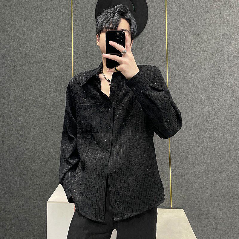 春夏季小众黑色长袖衬衫男设计感工艺亮片垫肩百搭宽松发型师衬衣