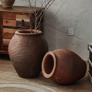 复古陶罐花盆落地陶器民宿装饰陶器摆件粗陶盆手工土陶侘寂风陶罐