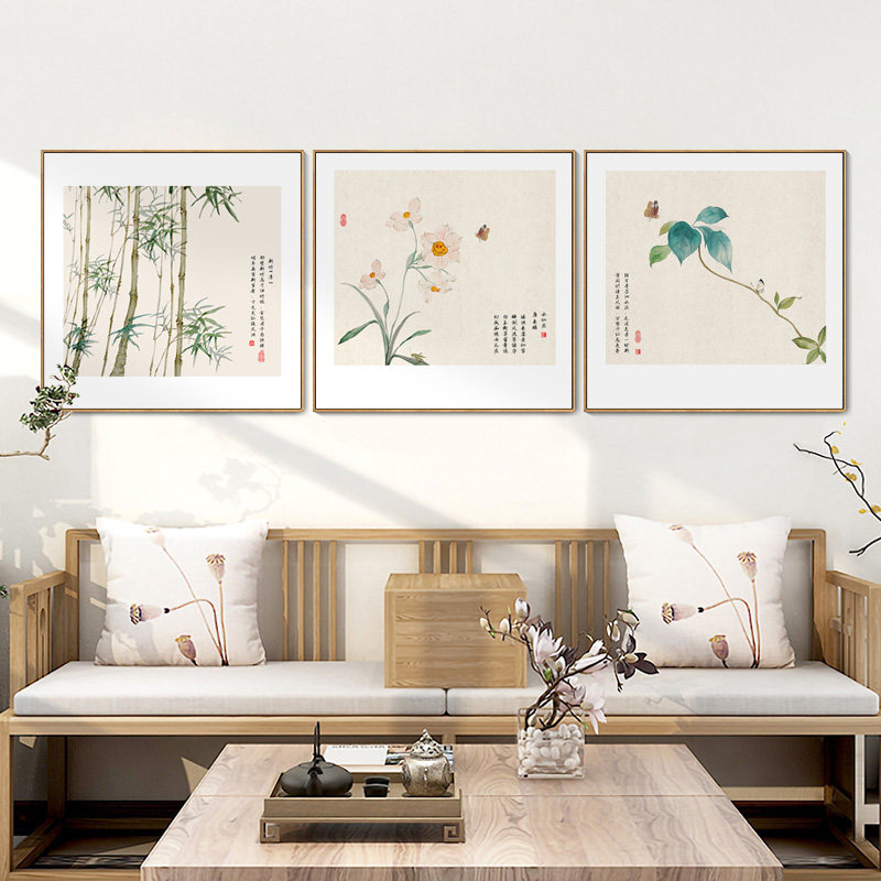新中式餐厅装饰画客厅原木风花鸟挂画日式酒店民宿墙画茶室壁画框