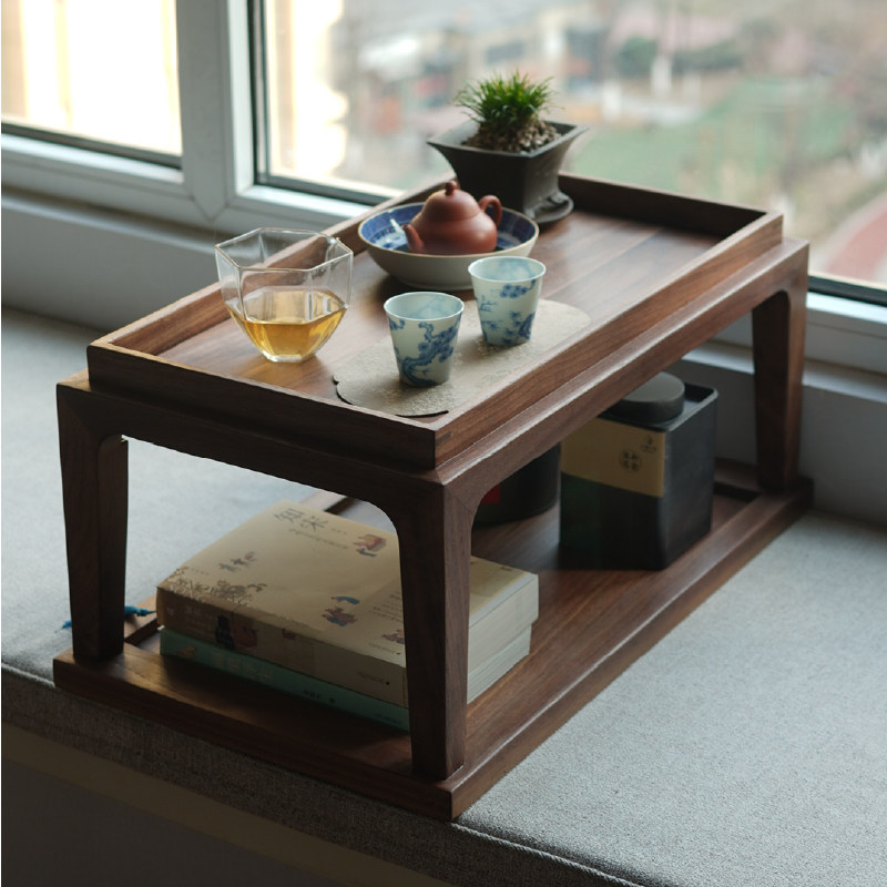 九间房榻榻米茶边几置物架黑胡桃木实木矮桌边桌飘窗桌小茶桌