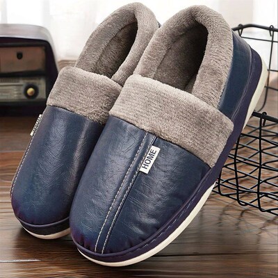 Mens Home Slippers Imitation Leather Memory Foam Furry