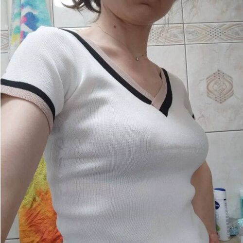 V-Neck Short Sleeve Shirt Women Contrast Color Striped Knitt