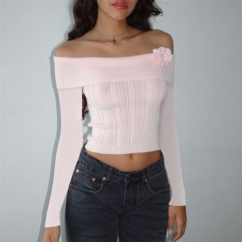 Gaono Womens Knit Flower Decro Crop Tops Basic Solid