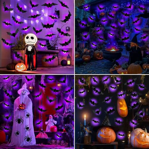 12PCS-1Set Halloween 3D LED Bat Light Glow in Dark Night Lig
