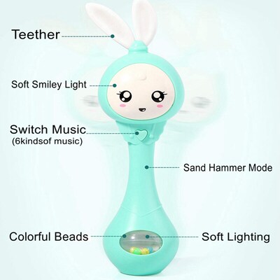 Baby Music Flashing Rattle Toys Rabbit Teether Hand Bells Mo