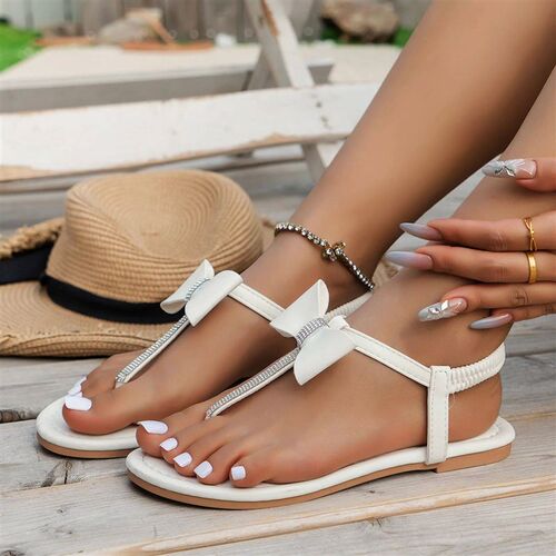 Fashion Flat Bottom Sandals Shiny Bow Rhinestone Summer