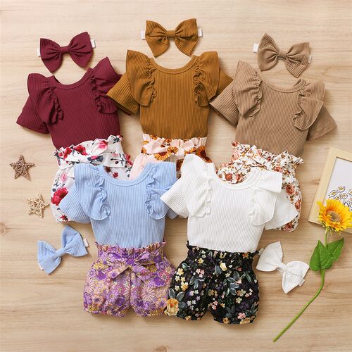 3Pcs Newborn Summer Baby Girls Clothes Set Toddler Button Ro
