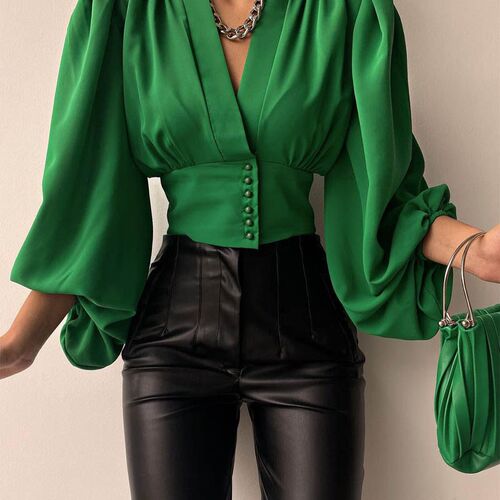 Summer Satin Womens Blouse Red Long Lantern Sleeve Button