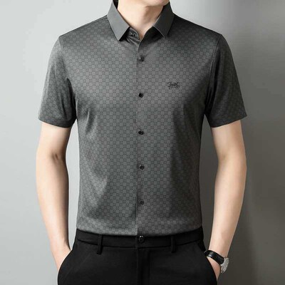 Summer Ice Silk Cool Mens Business Plaid Short-sleeved Shir