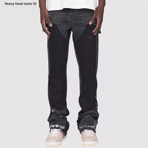 Mens denim work pants flared pants弹力贴布牛仔叠层喇叭裤