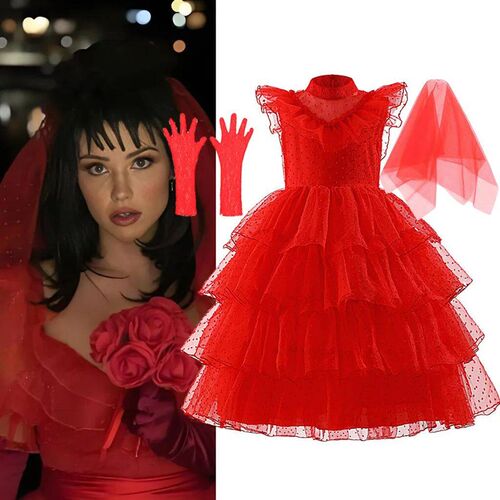 Girl Lydia Deetz Red Dress Beetle Bride Cosplay Costume Goth
