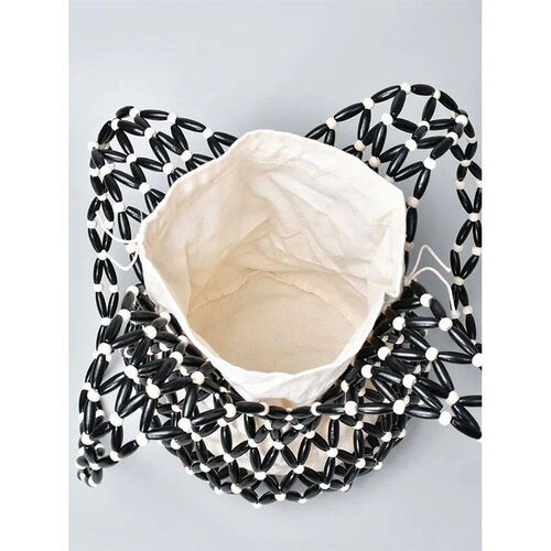 Women Woven Hand Bag Summer Design Hollow-out Wooden Bead To