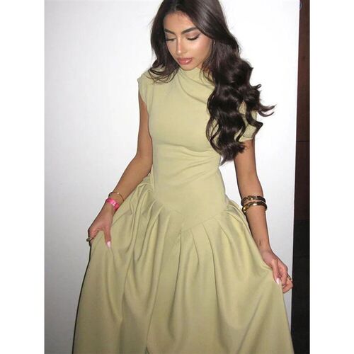 Women Elegant Green Pleated Dress Fashion O Neck Short Sleev