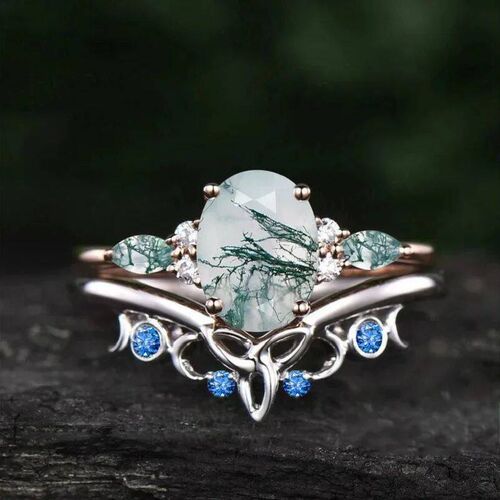Two Tone Oval Cut Handmade Moss Agate Ring for Women Girl re