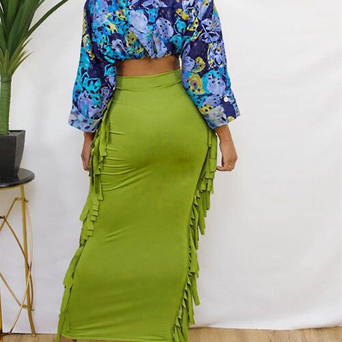 Kliou Side Tassel Women Skirt Elegant Unique Robe Straight S
