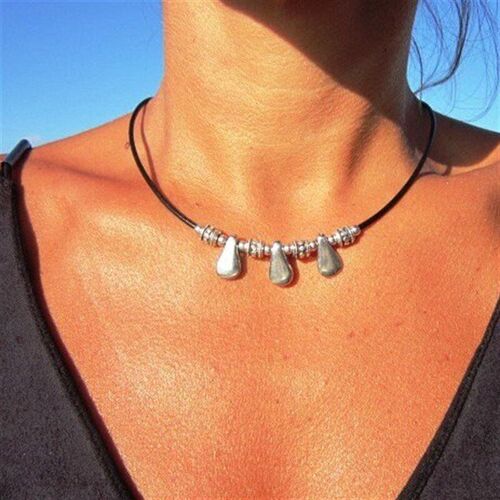 Bohemian Leather Rope Handmade Waterdrop Alloy Ancient Silve