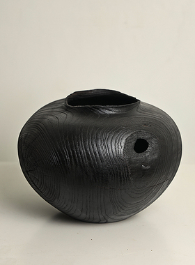 侘寂风纯手工大花瓶黑色炭化木质大漆花器茶空间民宿高级感摆件