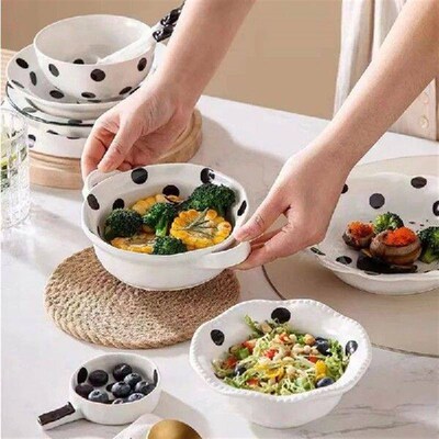 Creative Black Polka Dot Ceramic Dinner Plate Salad Bowl