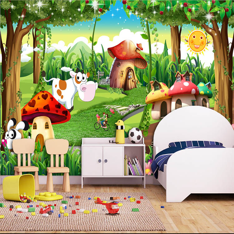 3d卡通动物主题壁画绿色森林壁纸儿童房卧室背景8d墙布幼儿园壁纸