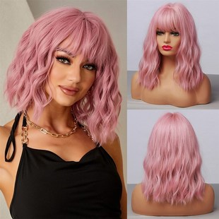 HAIRCUBE Wavy Synthetic Wig With Bangs Short Bob Pink Wigs C