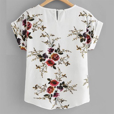 Summer Fashion Floral Print Blouse Pullover Ladies O-Neck Te