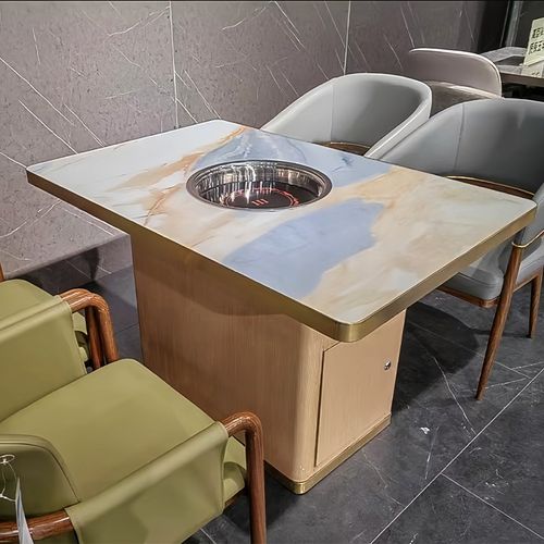 岩扳大理石火锅桌子电磁炉烤涮一体无烟净化商用饭店座椅定制