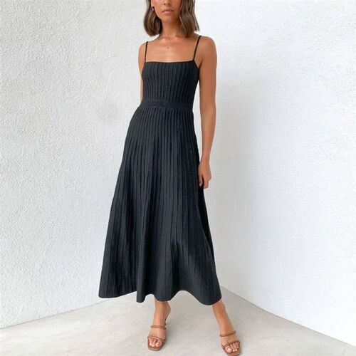 Knitted Pleated Long Dress High Waist Midi Sling Dress Elega