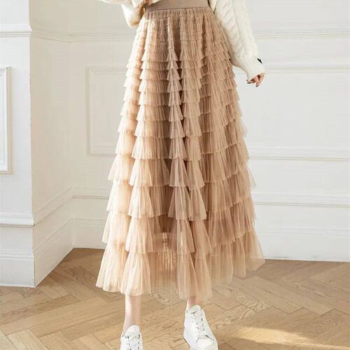 Qooth Autumn Korean Style Mesh Puffy Cake Long Skirt Elegant