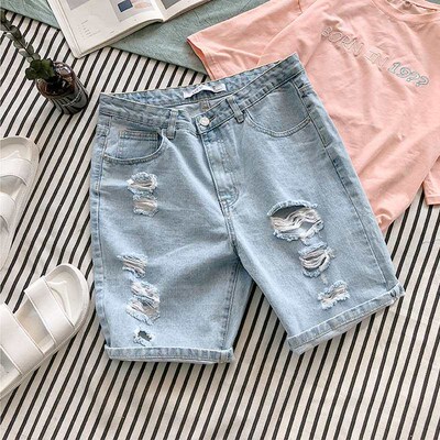 Summer Denim Shorts Mens Hole tendy Loose tendy 5-point Hon
