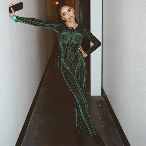 Women Hipster O Neck Long Sleeve D Printing Maxi Dress