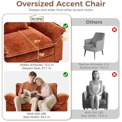 Extra Wide Chenille Accent Chair with Deep Seat and Plush Ar