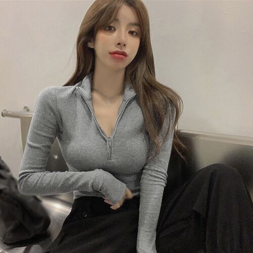 Womens Slim Fit Crop Top Half Zipper Long Sleeve Solid Colo