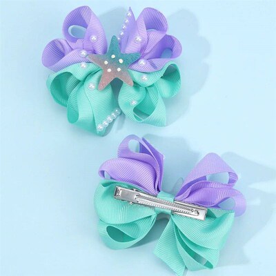 2Pcs Starfish Bow Hair Clips For Girls Sweet Ribbon Patchwor