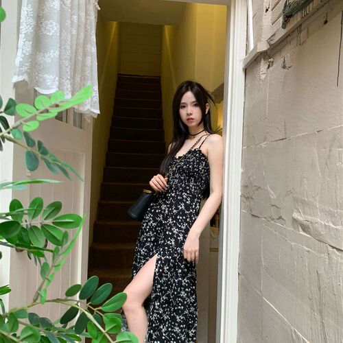 Black Floral Sling Dress Womens Summer New Mid-length Tight