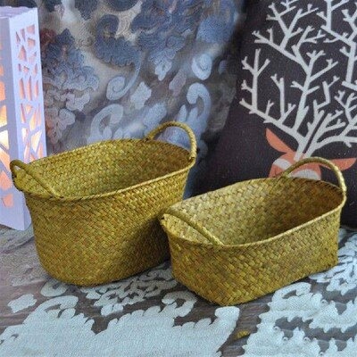 Handmade Straw Dried Flower Fruit Pot Basket Rattan Box