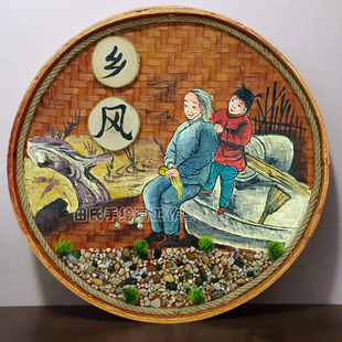 手绘竹编画复古怀旧装饰挂件农家乐墙壁挂饰品农家院墙面挂画农庄