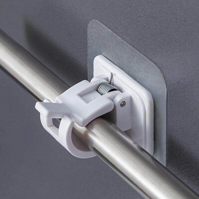 Curtain rod hook, extendable pole, fixed clamp, adhesive, no