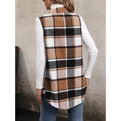 Women Plus Size 1XL-5XL Plaid Print Flap Detail Sleeveless C
