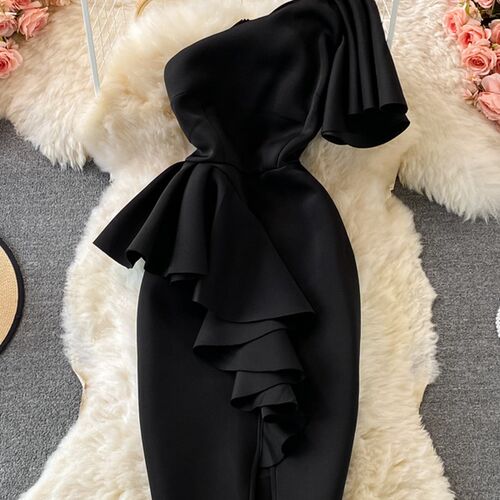Kimutomo Elegant Solid Ruffles Stitching Sloping Shoulders