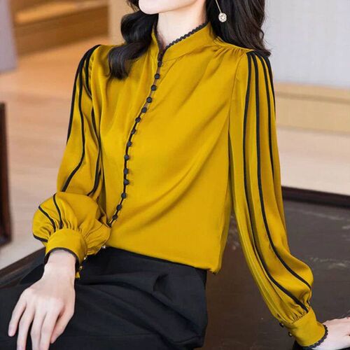 Yellow and Black Real Silk Shirt Spring Autumn Fashion Blous
